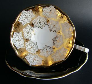 Queen Anne Teacup And Saucer - Gold Pattern Interior Black Exterior