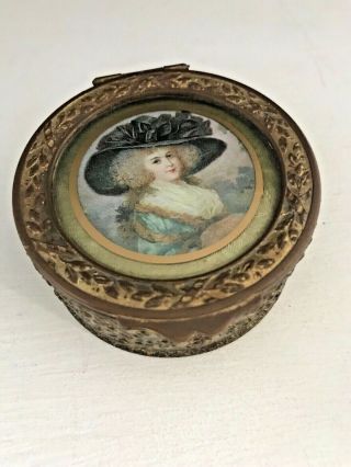 Antique French Gilt Trinket Vanity Jewelry Box Portrait Painting 18th C.  Woman