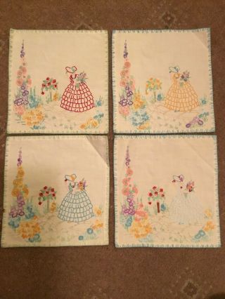 Vintage Crinoline Lady Hand Embroidered Napkins Panels Linen 30s Set Of Four 4