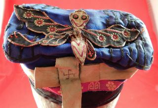 Antique Chinese Childrens Festival Silk Embroidered Butterfly Wind Hat Cap Vtg 2