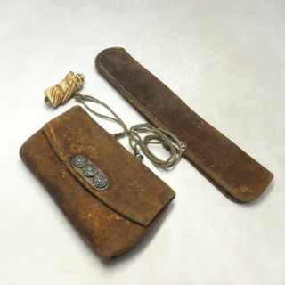 D600: Real Old Japanese Leather Kiseru Holder And Tobacco Pouch With Netsuke