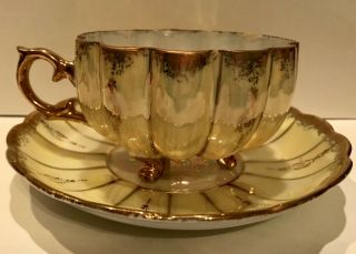 Royal Sealy China Lusterware Tea Cup And Saucer Yellow 3 Footed Iridescent