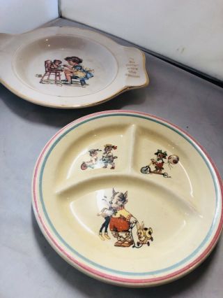 2 Antique Childrens Dishes - Crown Pottery Divided Plate & Holmes And Edwards Bowl