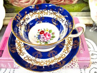 Royal Grafton Tea Cup And Saucer Pink Rose Cobalt Blue Gold Gilt Teacup 1950 