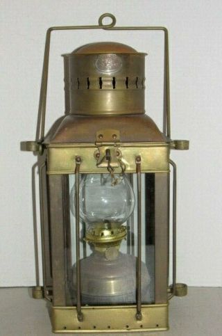 Antique Vintage Neptune Nr Nautical Brass Ship Lantern Oil Lamp W/ Glass Panels