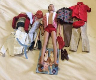 Vintage 1961 Mattel Ken Doll (flocked Brown Hair) With Outfits And Stand