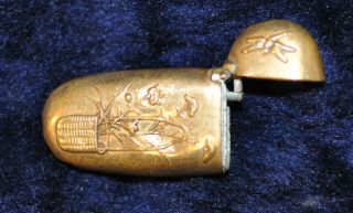 Antique RARE 1890 ' s Eastlake Brass embossed Vesta Match Safe Floral Asian style 3