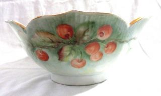 Hand Painted Limoge Style Cherries 7 7/8 " Lotus Bowl W/gold Gilt Trim Signed