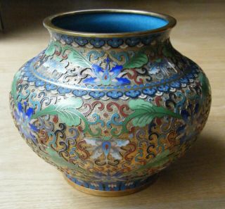 Vintage Chinese Export Cloisonne Champleve Enamel Gilt Brass Lotus Vase
