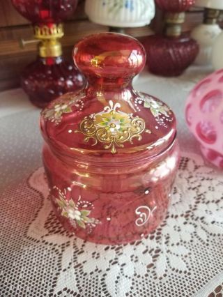 Antique Venetian Cranberry Glass Hand Painted Candy Jar