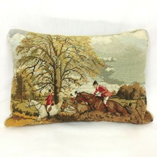 Vintage Needlepoint Horse Riding Pillow Equestrian Hunting Autumn Accent Throw