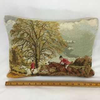 Vintage Needlepoint Horse Riding Pillow Equestrian Hunting Autumn Accent Throw 2