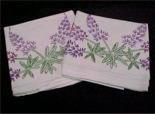 Vintage Pillowcases Hand Embroidered Purple Flowers 1940s Antique Estate