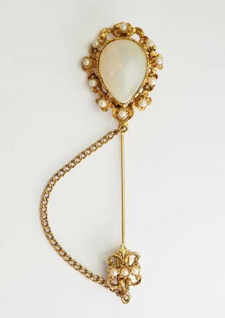 Rare Vintage Gold Tone Metal Faux Pearl Moonstone Glass Pin By Pauline Rader