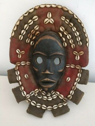Antique African Tribal Carved Wood Cowrie Shell And Fabric Mask Ceremonial Art