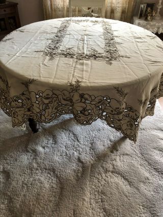 Gorgeous Antique Linen Embroidered Cut Work Tablecloth Poppies