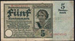 1926 5 Rentenmark Germany Rare Old Vintage Paper Money Banknote Currency Bill Vg