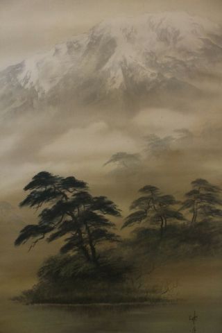S07j3 Mountain Lake & Pine Tree Scenery Japanese Hanging Scroll