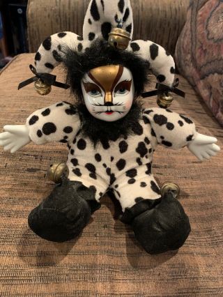 Vintage Porcelain Jester Clown Wearing Leopard Print Cat Jump Suit