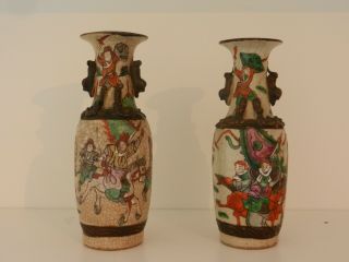 Antique 2 Chinese Crackle Glaze Warrior Vase Pre 1900 Signed