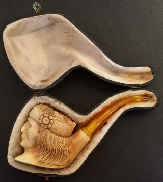 Antique Hand Carved Meerschaum Pipe Indian Chief Amber Stem Orig.  Case