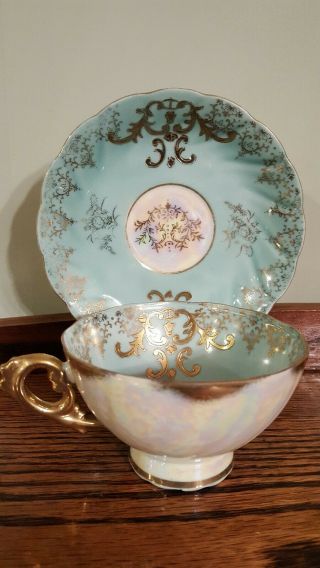 Vintage Royal Sealy Japan Sky Blue Iridescent Tea Cup And Saucer With Gold Trim