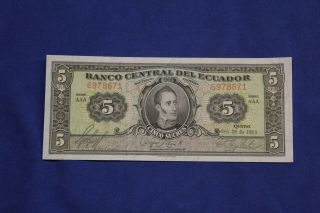 Ecuador / 5 Sucres 1955 P.  98c Uncirculated Rare Early Issue Seldom Offered