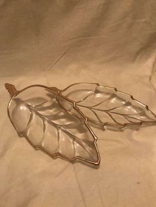 2 Vintage Glass Leaf Candy Or Nut Dish With Gold Trim