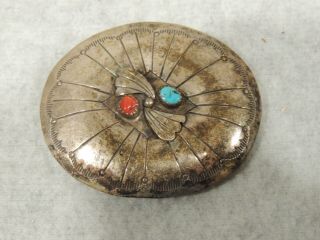 Antique Old Pawn Signed Belt Buckle With Turquoise And Coral Navajo