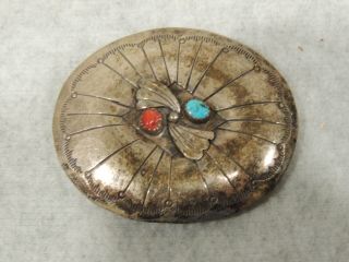 Antique old pawn signed belt buckle with turquoise and coral Navajo 2