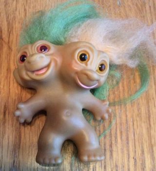 Vintage 1965 Uneeda Two - Headed Troll; Orange And Green Hair And Amber Eyes
