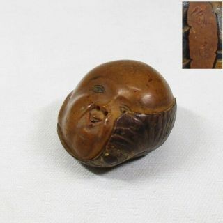 D472: Real Old Japanese Wooden Netsuke Of Funny Face With Good Taste And Sign