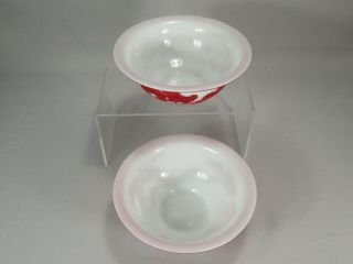Very Rare Antique Chinese Peking Glass Bowls White with Red Koi Fish 2