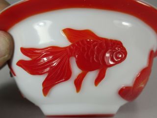 Very Rare Antique Chinese Peking Glass Bowls White with Red Koi Fish 3