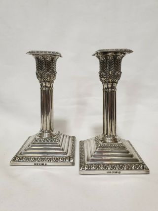 Hawksworth Eyre & Co Pair Antique Silver Plated Corinthian Column Candlesticks