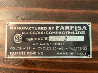 Farfisa Compact Deluxe Cc/26 Metal Badge Serial Only Made In Italy Organ Rare