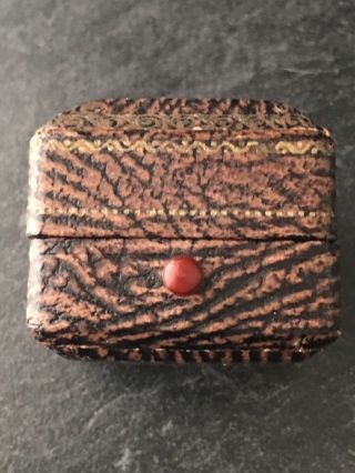 Antique Brown German Leather Ring Box Velvet Silk Wedding Jewelry Push Button