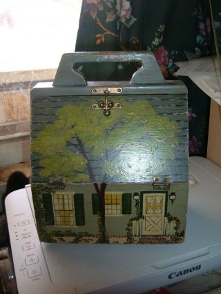 Vintage Wooden Hand Painted Handbag Lunch Box " House "