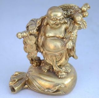 Old Chinese Copper Wealth Happy Laugh Maitreya Buddha Money Bag Statue B02