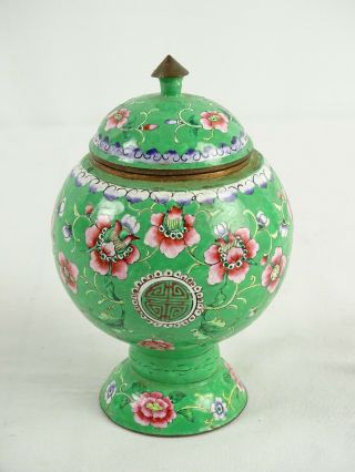 Vintage Chinese Green Ground Enamel On Copper Lidded Pot With Lotus Flower