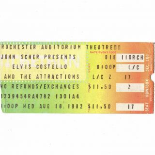 Elvis Costello & The Attractions Concert Ticket Stub Rochester Ny 8/18/82 Rare