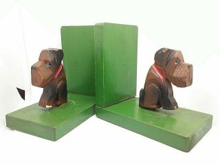 Folk Art Wooden Dog Bookends Vintage Hand Carved And Hand Painted