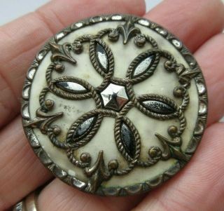 Awesome Xl Antique Vtg Celluloid & Metal Button W/ Inset Black Glass (f)