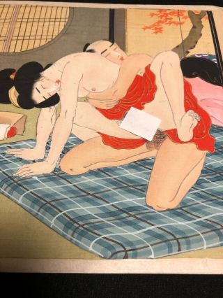 Rare Japanese Shunga Very Colourful Drawing Pictures On Silk