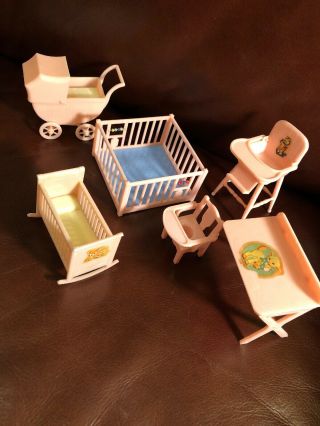 Vintage Plastic Renwal Doll House Nursery Baby Furniture Pink Set Buggy Crib,