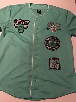 Rare Chicago Bulls Baseball Jersey Shirt Mens Large Neon Teal Green Button Front