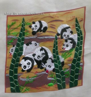 Chinese 100 Hand Embroidered Silk Suzhou Embroidery Art:pandas 4.  73inches