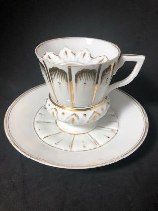 Victorian Mustache Cup & Saucer White With Gold & Embossed Design 2a