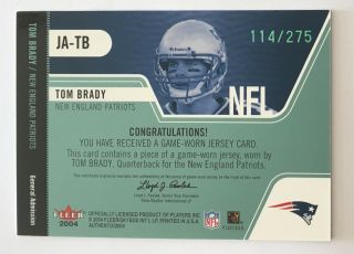 Tom Brady 2004 Fleer Authentix General Admission Game Worn Jersey /275 (RARE) 2