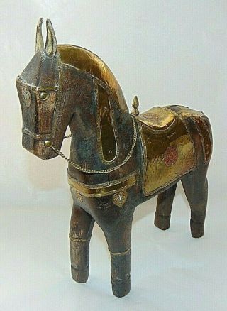 Vtg Hand Carved Wooden War Horse Sculpture/statue With Brass & Copper Armor 12 "
